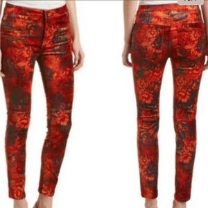 Free People Floral Lush Orange Velvet Zipper Accent Fitted Slim Pants Size 2